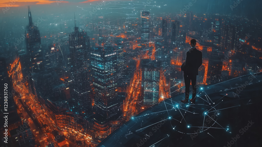 Fototapeta premium Abstract business man stands on Smart digital Innovation city with connection network reciprocity over the twilight cityscape. of future wireless digital city and social media networking systems