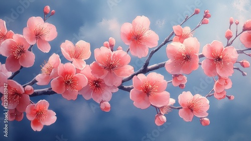 A watercolor painting of a blooming cherry tree with pompadour - tinted blossoms against a clear blue sky photo