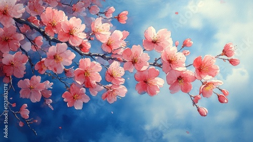 A watercolor painting of a blooming cherry tree with pompadour - tinted blossoms against a clear blue sky photo