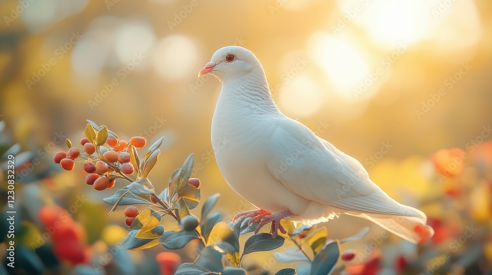 Fototapeta premium A white dove peacefully resting on a stone ledge, surrounded by soft blooming flowers, calm and tranquil lighting 