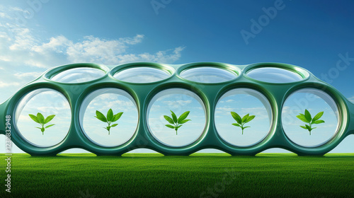 Green Innovation: A futuristic biodome structure of interlocking green pods reveals a thriving garden of young plants, symbolizing a harmonious blend of nature and technology in a sustainable future.