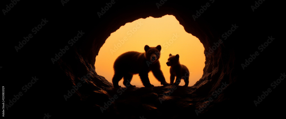 Fototapeta premium Bears playing joyfully in a cave silhouette against a sunset
