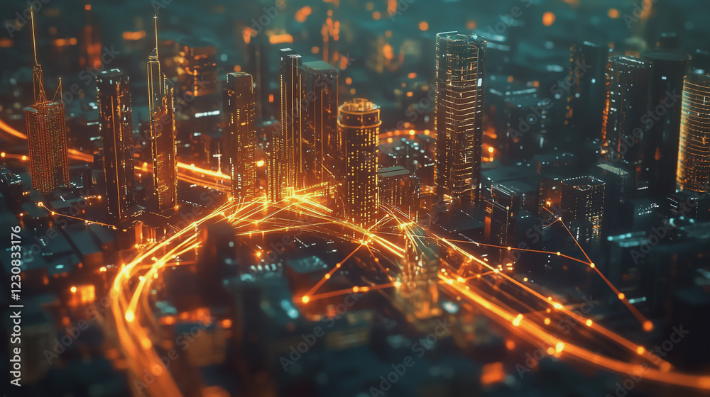 Smart digital Innovation city with connection network reciprocity over the cityscape. of future smart wireless digital city and social media networking systems that connects people with in city