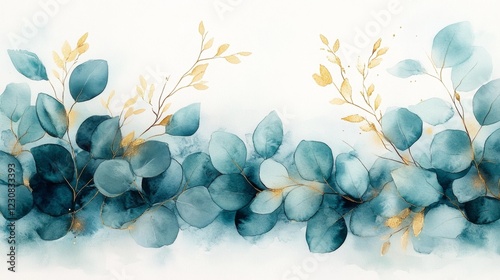 Lush Watercolor Eucalyptus Garland with Gold Details. Generative AI