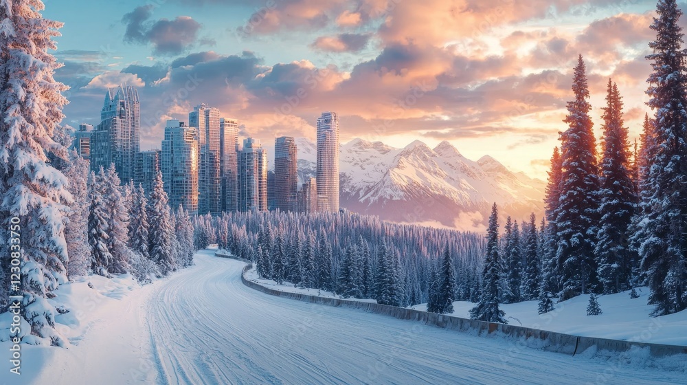 Fototapeta premium A modern city skyline surrounded by snow-dusted skyscrapers, avalanche barriers visible in the foreground, with a serene winter sunset