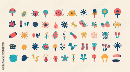 A neatly arranged set of colorful flat icons showing various bacteria, viruses, and fungi with playful designs on a light neutral backdrop