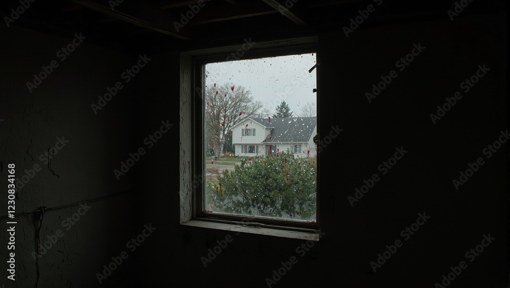 Mysterious suburban basement with fogged window and eerie red streaks Mysterious suburban basement with fogged window and eerie red streaks