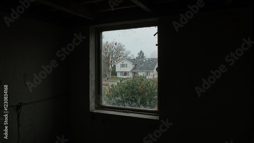 Mysterious suburban basement with fogged window and eerie red streaks photo