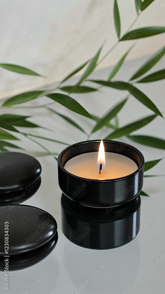 Elegant black candle with flame beside smooth stones and bamboo leaves on reflective surface