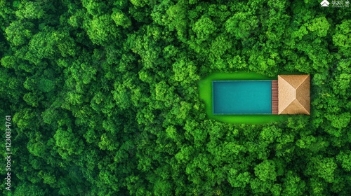 Jungle Pool Retreat: An aerial view reveals a tranquil swimming pool nestled amidst a lush, vibrant rainforest.  The scene is serene, offering a sense of secluded luxury.