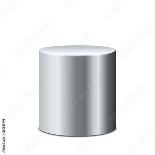 Empty metal cylinder metal in realistic style. Steel pillar.  Abstract cylinder pedestal. Rounded gradient. Vector illustration isolated on white background.