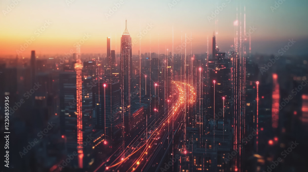 Fototapeta premium Abstract business man stands on Smart digital Innovation city with connection network reciprocity over the twilight cityscape. of future wireless digital city and social media networking systems