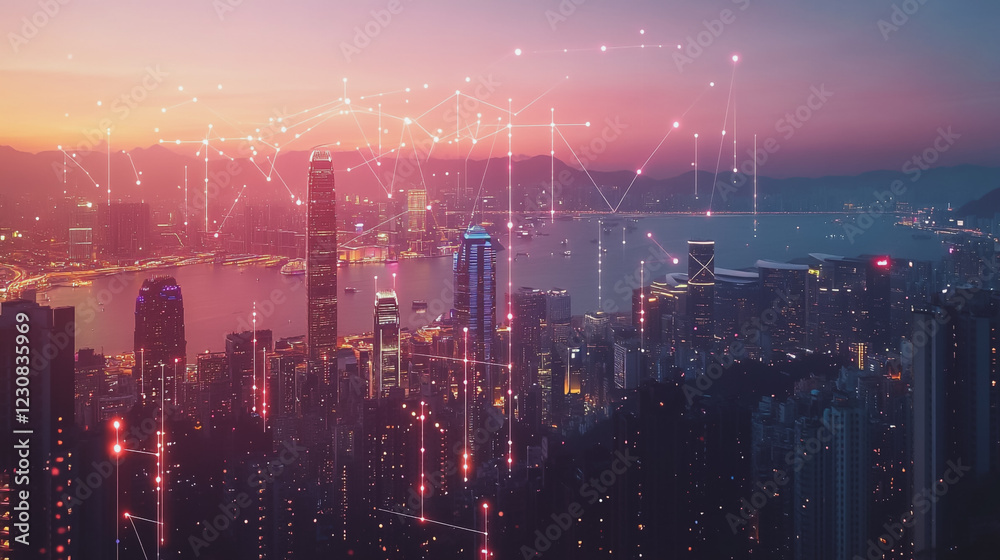 Abstract business man stands on Smart digital Innovation city with connection network reciprocity over the twilight cityscape. of future wireless digital city and social media networking systems Abstract business man stands on Smart digital Innovation city with connection network reciprocity over the twilight cityscape. of future wireless digital city and social media networking systems