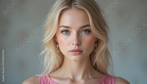portrait of a beautiful blond woman in pink dress