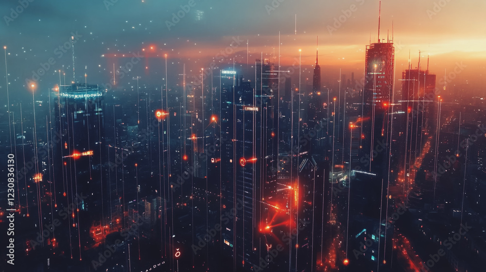 Fototapeta premium Abstract business man stands on Smart digital Innovation city with connection network reciprocity over the twilight cityscape. of future wireless digital city and social media networking systems