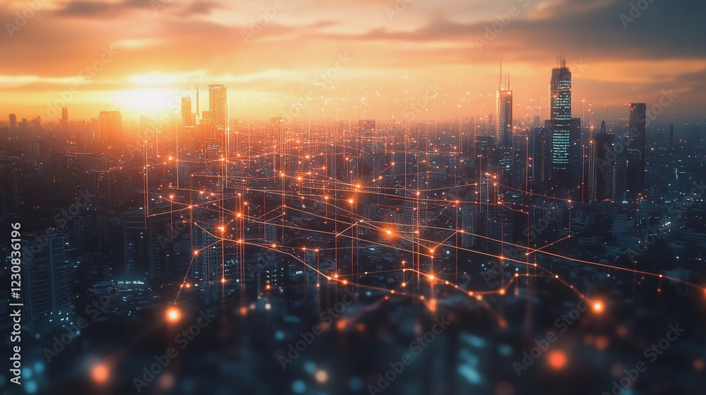 Fototapeta premium Abstract business man stands on Smart digital Innovation city with connection network reciprocity over the twilight cityscape. of future wireless digital city and social media networking systems