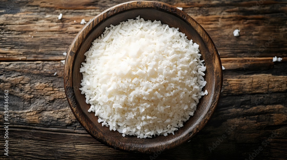 A bowl of white rice is sitting on a wooden table A bowl of white rice is sitting on a wooden table