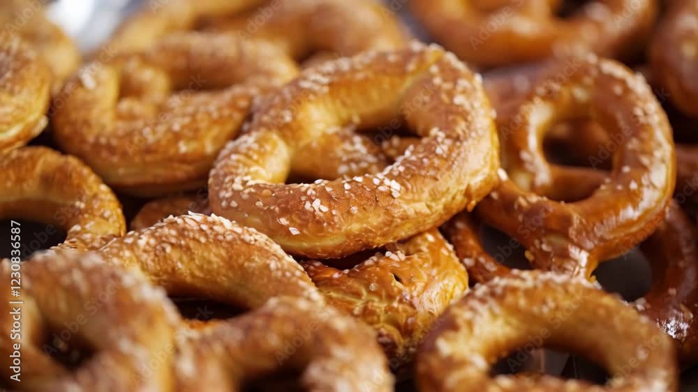 Freshly baked pretzels with salt crystals displayed in rows for a tempting snack
