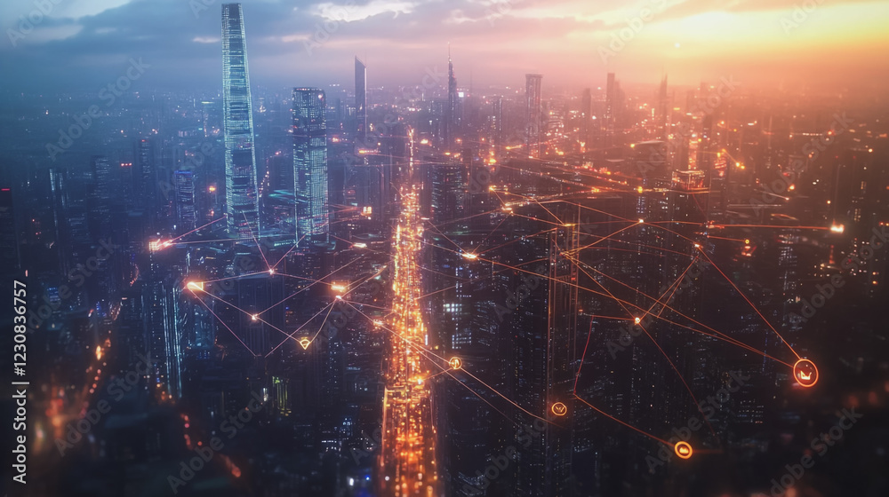 Abstract business man stands on Smart digital Innovation city with connection network reciprocity over the twilight cityscape. of future wireless digital city and social media networking systems Abstract business man stands on Smart digital Innovation city with connection network reciprocity over the twilight cityscape. of future wireless digital city and social media networking systems