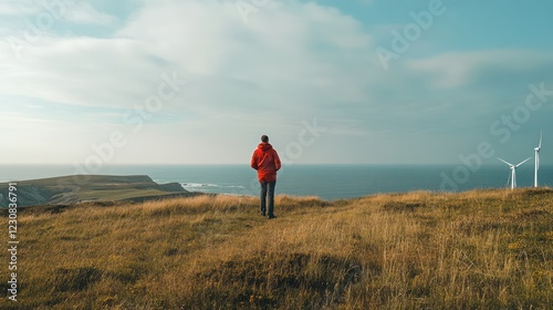 An engineer inspecting a wind turbine in a coastal area, with the ocean visible in the background.