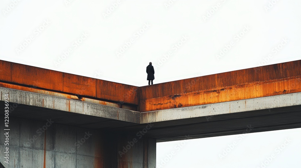 A solitary figure stands on a rusted overpass, surrounded by a bleak, overcast sky A solitary figure stands on a rusted overpass, surrounded by a bleak, overcast sky