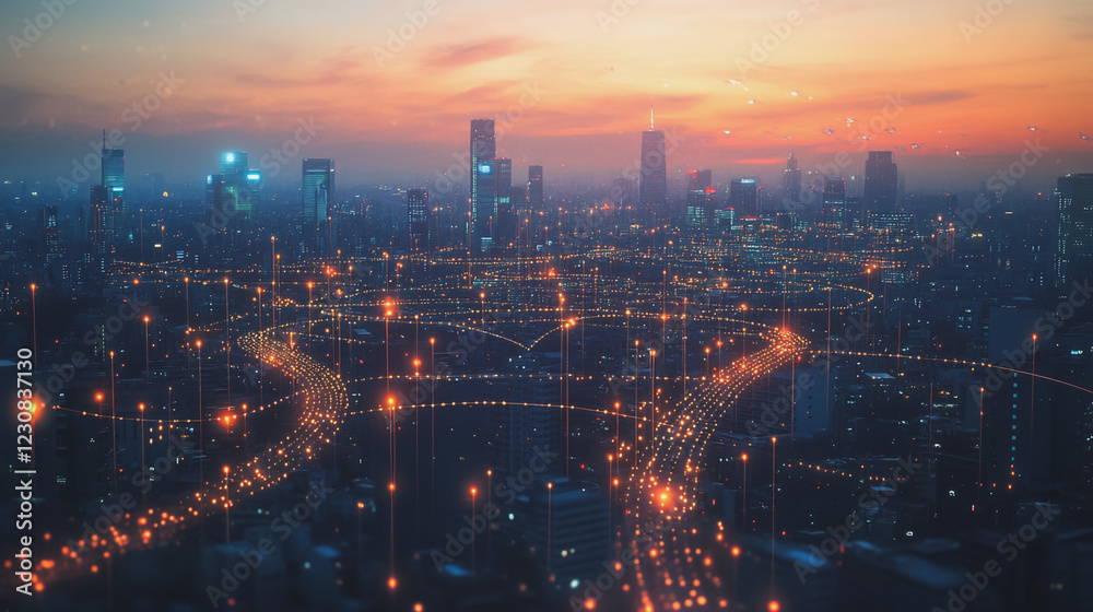 Fototapeta premium Abstract business man stands on Smart digital Innovation city with connection network reciprocity over the twilight cityscape. of future wireless digital city and social media networking systems