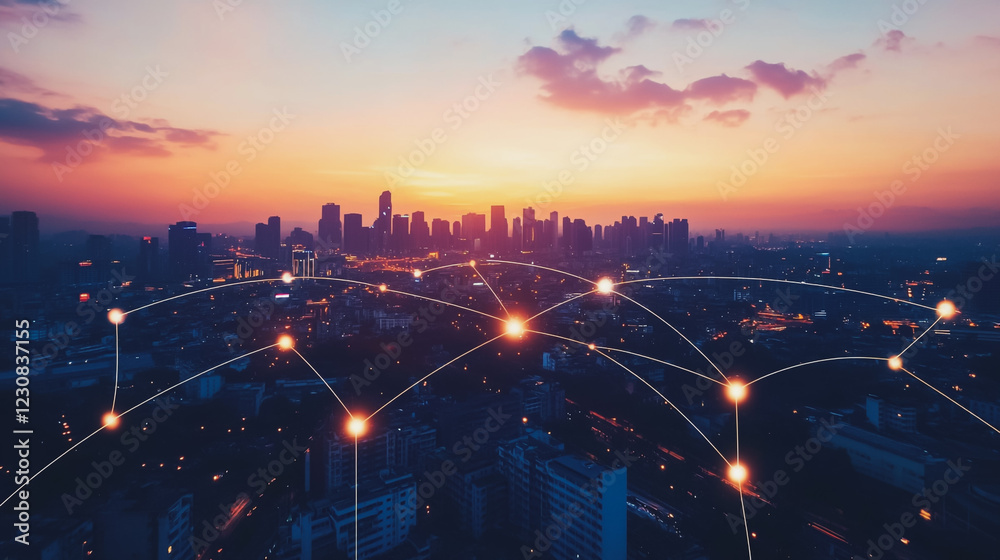 Abstract business man stands on Smart digital Innovation city with connection network reciprocity over the twilight cityscape. of future wireless digital city and social media networking systems Abstract business man stands on Smart digital Innovation city with connection network reciprocity over the twilight cityscape. of future wireless digital city and social media networking systems