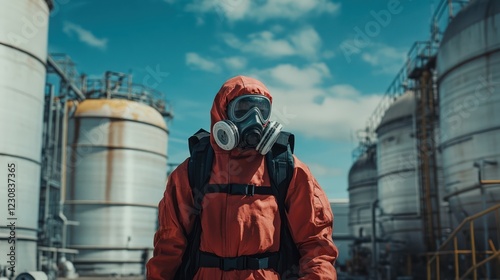 An engineer in a chemical plant, wearing a gas mask and standing near storage tanks.