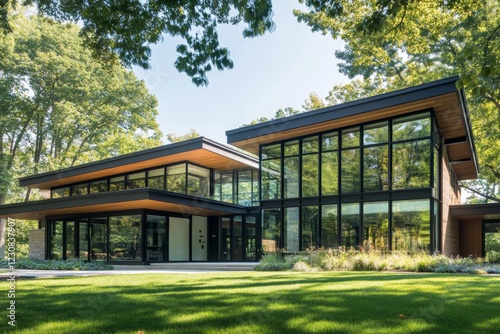 Modern architectural design with glass exterior and natural surroundings in a suburban setting
