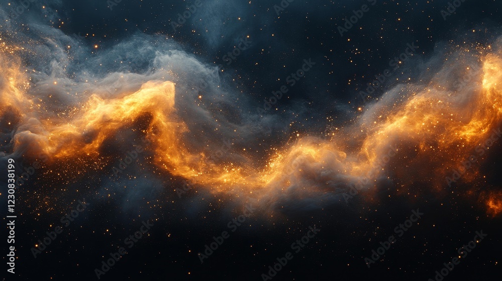 Fototapeta premium Luxurious gold and black cosmic clouds with glowing particles. Generative AI