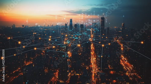 Wallpaper Mural Smart digital Innovation city with connection network reciprocity over the cityscape. of future smart wireless digital city and social media networking systems that connects people with in city Torontodigital.ca