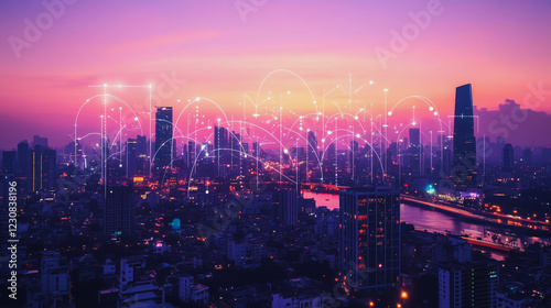 Wallpaper Mural Smart digital Innovation city with connection network reciprocity over the cityscape. of future smart wireless digital city and social media networking systems that connects people with in city Torontodigital.ca