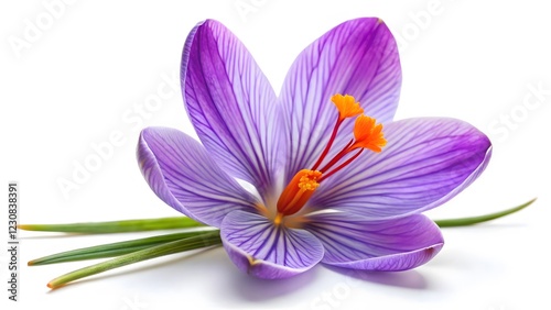 Single Purple Crocus Flower with Green Leaves on White Background