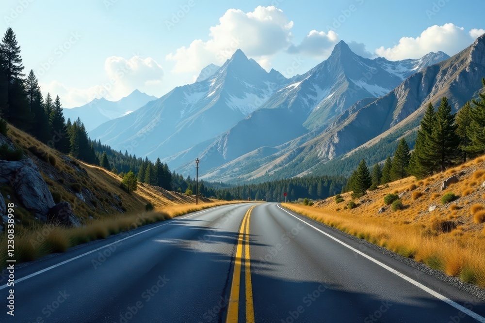 Empty asphalt road curves through majestic mountains , desolate, autumn, background Empty asphalt road curves through majestic mountains , desolate, autumn, background