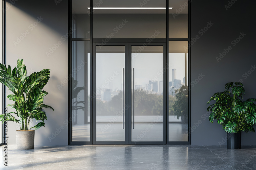 Fototapeta premium Glass door with metal handles mock up. Office entrance with space sign board on wall mockup