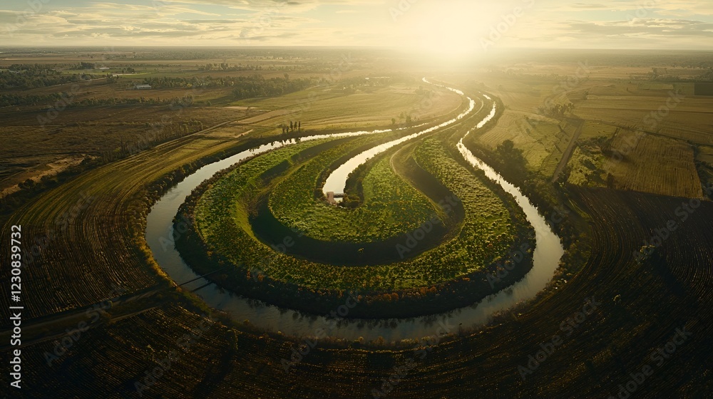 Fototapeta premium Aerial view of meandering river at sunset, farmland background, nature landscape