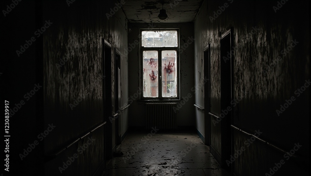 Fototapeta premium Eerie abandoned asylum hallway with flickering light and blood streaked window
