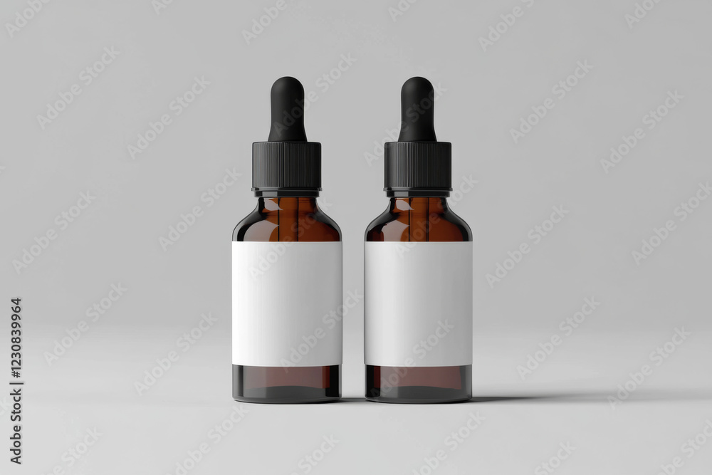 two amber dropper bottle mockup with black cap and white blank label, set in light grey background two amber dropper bottle mockup with black cap and white blank label, set in light grey background