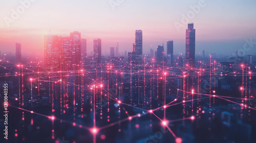 Wallpaper Mural Smart digital Innovation city with connection network reciprocity over the cityscape. of future smart wireless digital city and social media networking systems that connects people with in city Torontodigital.ca