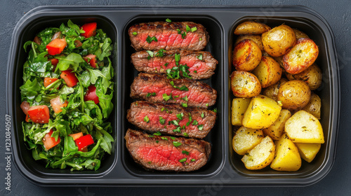 Lunch Box, A gourmet lunch box featuring beef steak and roasted potatoes, captured in high fidelity. photo