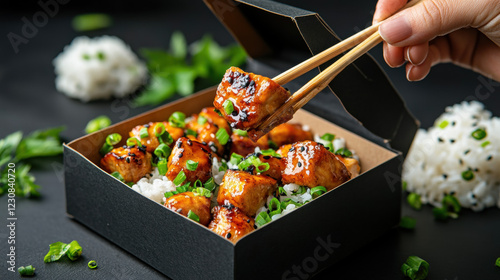 Lunch Box, An image of a hand holding chopsticks, skillfully picking up a piece of food, showcasing high fidelity details. photo