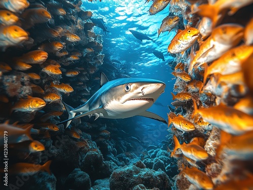 Underwater scene featuring a shark swimming among schools of orange fish near a coral reef photo