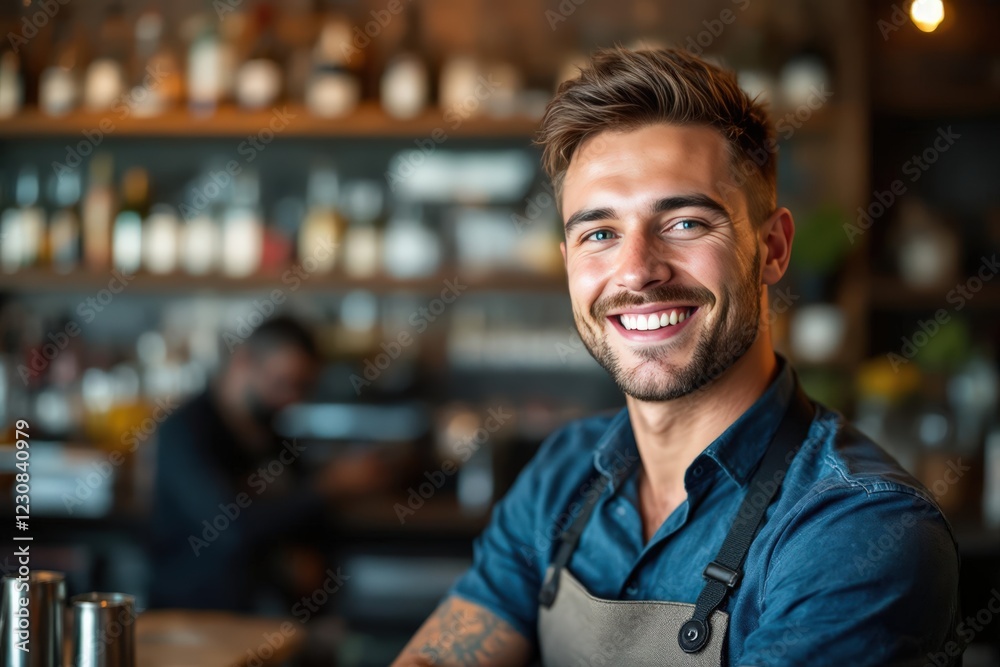 Fototapeta premium portrait of a young smiling Australian male bartender against blurred bar background