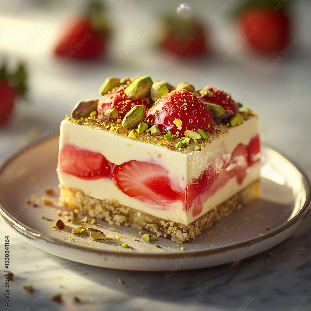 Strawberry cheesecake with frosting topped with pistachios on a plate on a marble countertop in the kitchen.