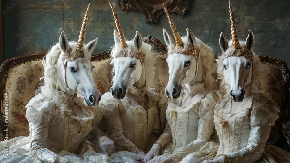 Enchanted unicorns in elegant gowns seated together in a mystical setting