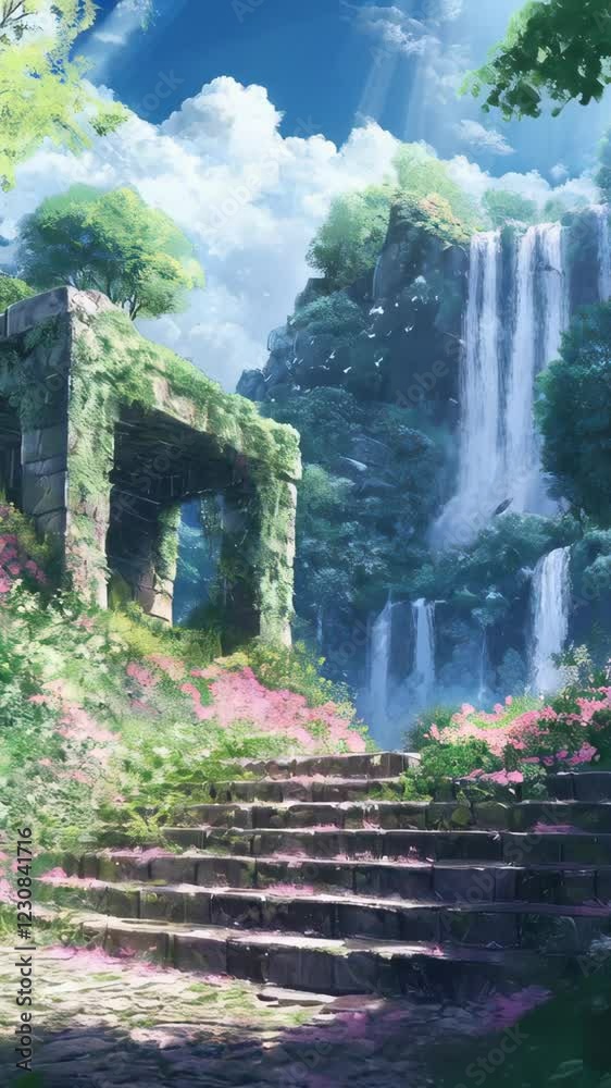 Enchanted forest pathway with cascading waterfalls and sunlit ruins Enchanted forest pathway with cascading waterfalls and sunlit ruins