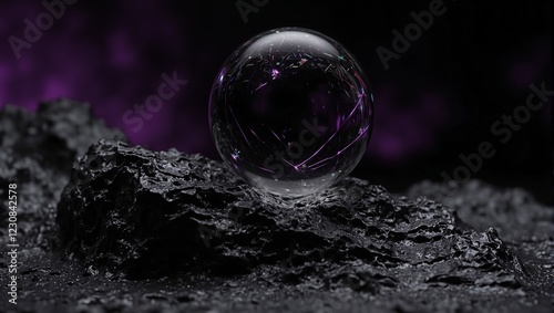 Wallpaper Mural Smooth glass orb on textured stone slab reflecting light streaks against purple gradient background Torontodigital.ca