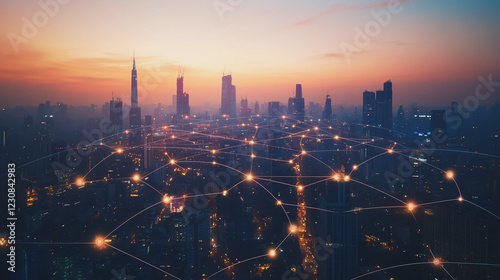 Wallpaper Mural Smart digital Innovation city with connection network reciprocity over the cityscape. of future smart wireless digital city and social media networking systems that connects people with in city Torontodigital.ca