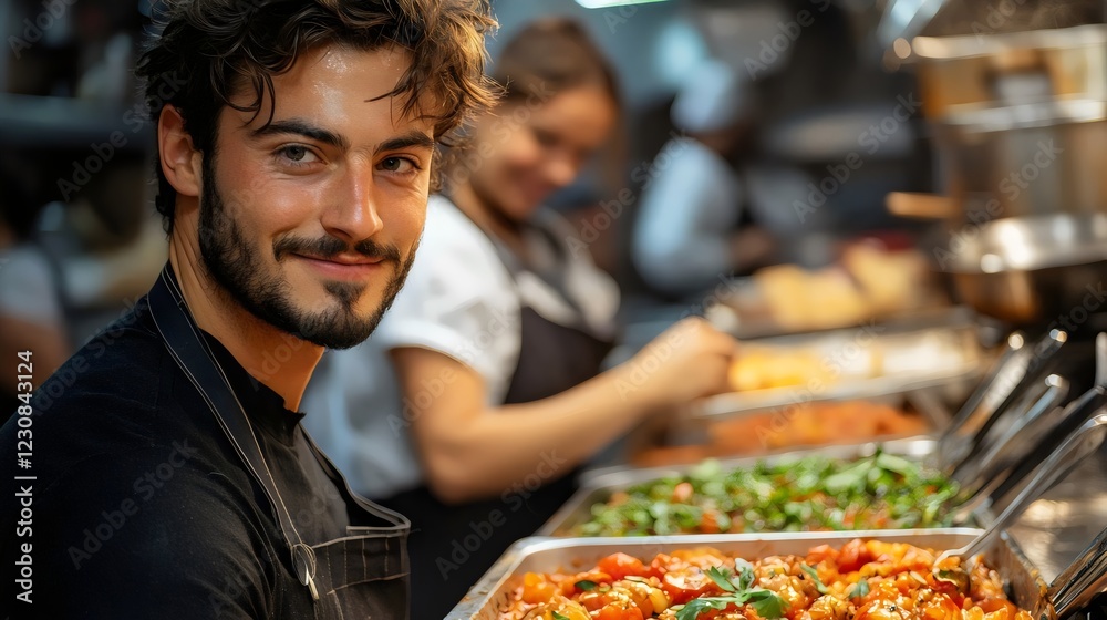 A man is smiling and standing in front of a buffet of food A man is smiling and standing in front of a buffet of food