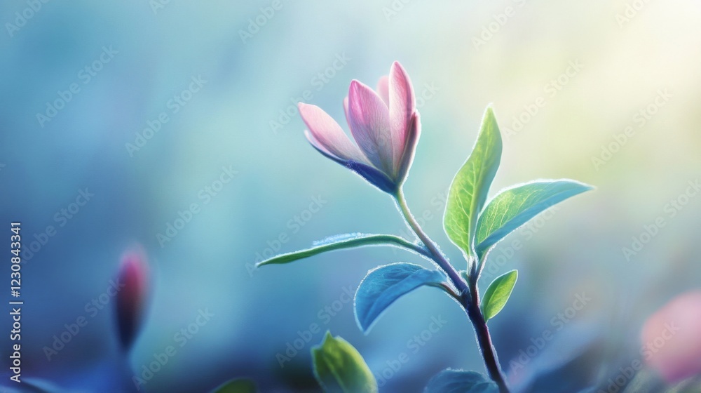 Fototapeta premium Pink Flower Blossom in Soft Sunlight, Green Leaves, Blue Background